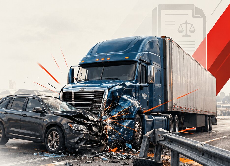 A dark blue semi-truck collides head-on with the front of a gray SUV on a wet highway beside a bent guardrail, with broken glass and debris scattered across the road.